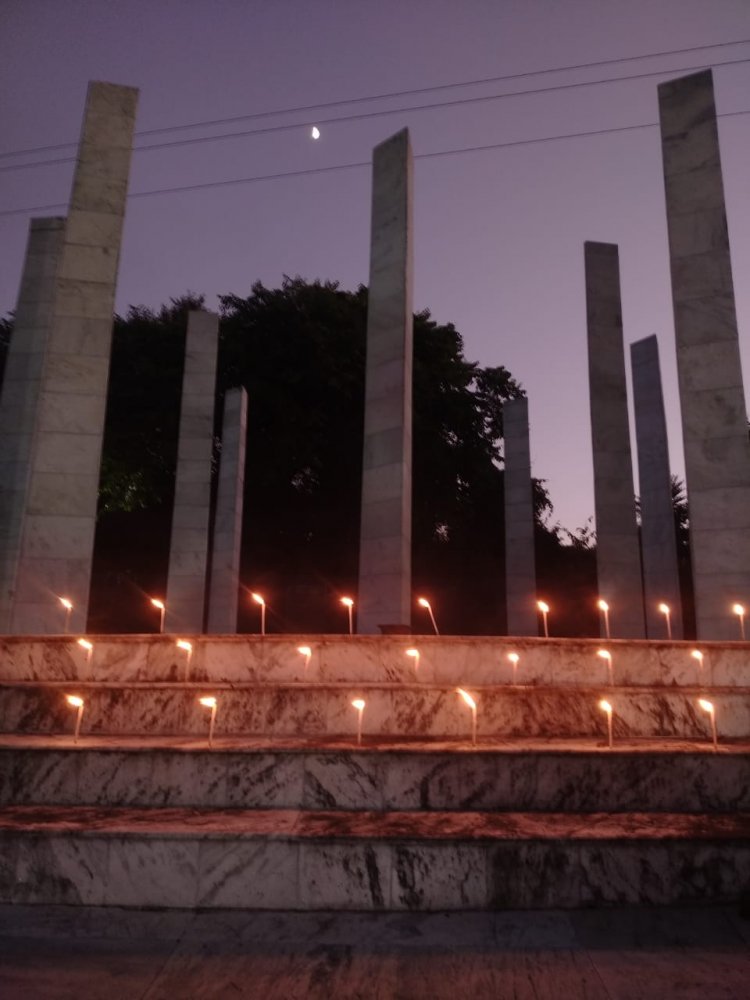 Bhasha Shahid Minar of Assam University Lighted With Candles in Memory of the Victims of Dhola Killings