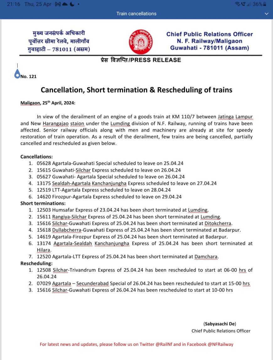 Goods train derailment causes disruption in train  services: Cancellations, partial cancellations, and rescheduling in Lumding division